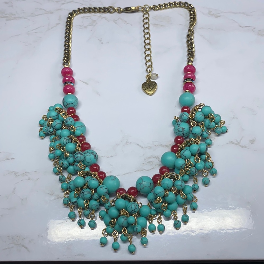 Betsey Johnson antique gold collar necklace with turquoise like stones